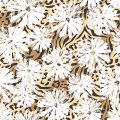 Seamless abstract floral pattern. White flowers on a brown tiger, leopard background.