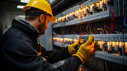 Electrical engineers test electrical installations and wiring on protective relays, measuring them with a multimeter. - obrazy, fototapety, plakaty