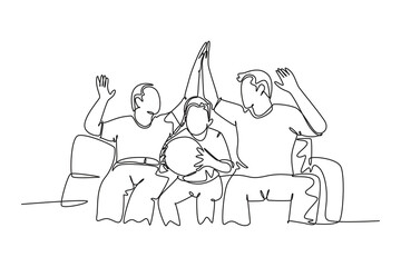 Continuous one line drawing fans siting on sofa and watching their favorite club playing the match on television and giving high five gesture. Fans club concept. Single line design vector illustration