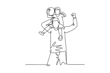 Continuous one line drawing of young happy father lift up his kids on the shoulder and playing together at outdoor park. Parenting family concept. Single line draw design vector graphic illustration