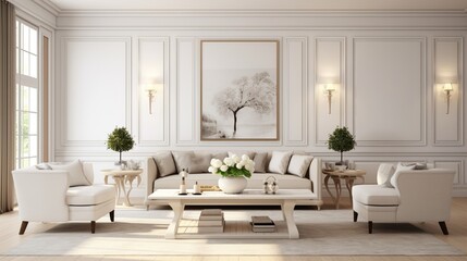 Contemporary classic white beige interior with furniture and decor. Dining room with living room.