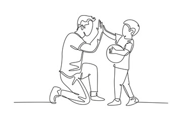 Fototapeta na wymiar Continuous one line drawing young happy father bow his body to gives high five gesture to his attractive little boy. Parenting family care concept. Single line draw design vector graphic illustration