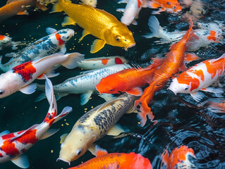 Group of koi fishes in pond