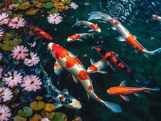Group of koi fishes in pond