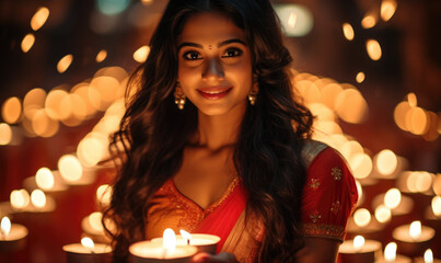 Obraz na płótnie Canvas Beautiful young indian woman celebrating Diwali or Dipawali festival in India with Diya
