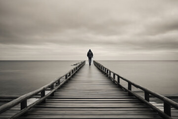 monochrome wooden pier with man walking on stairs to unknown place - obrazy, fototapety, plakaty
