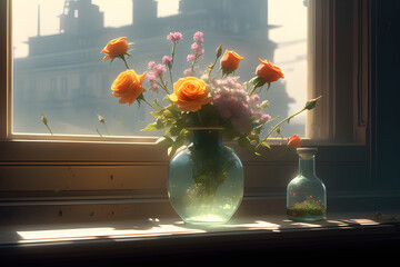 On a spring day, flowers were blooming on the window sill. The vase is a glass bottle. wildflowers and roses, Generative AI