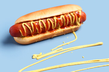 Tasty hot dog with mustard and ketchup on blue background