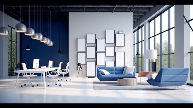 Grey and white open space office with two frame mockups and seating area with blue furniture. Modern design, using linear lights and concrete floor. Concept of accent interior details.
