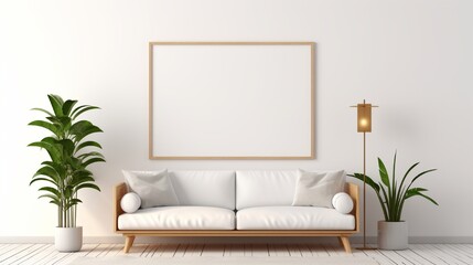 Horizontal poster mock up with wooden frame, sofa, lamp and plants on white wall background.