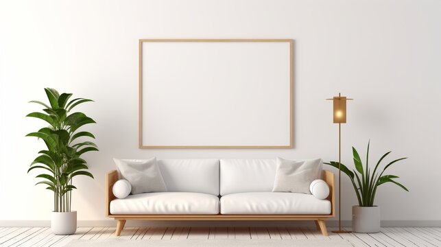 Horizontal poster mock up with wooden frame, sofa, lamp and plants on white wall background.