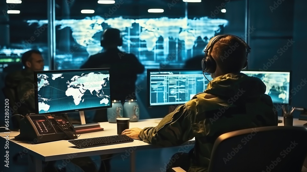 Poster military checking and working on computer for surveillance in control room, tracking operation.