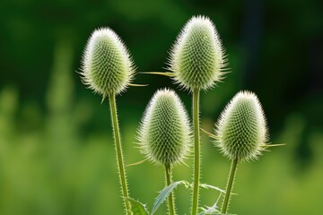Obraz premium Teasels with flowers against green background