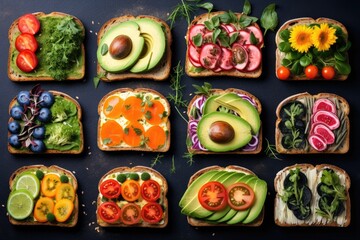Top view of different decorated sandwiches as appetizer. Healthy food. Vegetable meal - obrazy, fototapety, plakaty