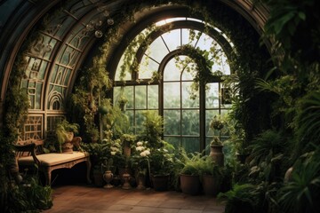 Interior home garden full of beautiful lush plants, tropical indoor plants - obrazy, fototapety, plakaty