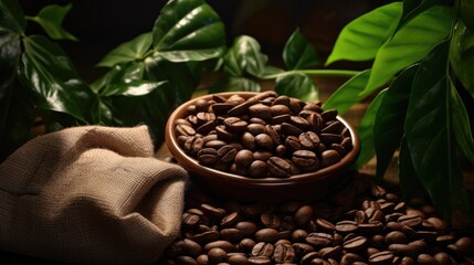 Fototapeta premium A bowl full of coffee beans and green leaves.