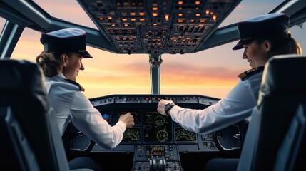 Airline pilot woman in cockpit of commercial airplane. - obrazy, fototapety, plakaty