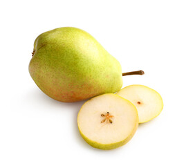 Ripe pear and cut slices on white background