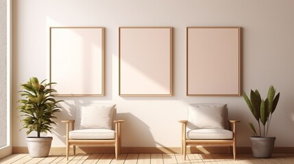 Interior room with two picture frames on the wall, furniture and plant under warm sunshine. Poster frame mockup scene.