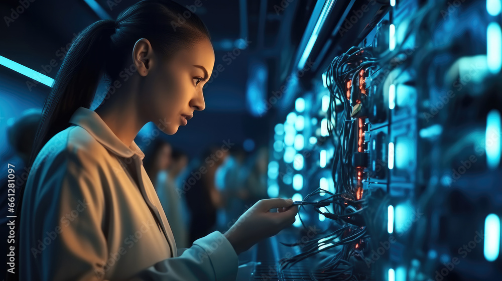 Poster IT engineer female checking servers in big data center.