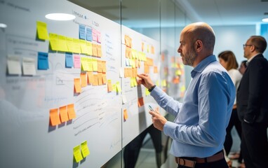 An individual stands before a whiteboard, brainstorming solutions to a challenge. Around them, colleagues engage in discussions, offering suggestions