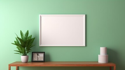 Mock up photo frame green wall mounted on the wooden cabinet.