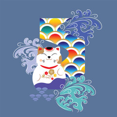 Japanese toys. National cultural lucky items, asian fortune symbols, daruma, maneki cat and kokeshi dolls, traditional masks, Fuji, sakura Vector illustration