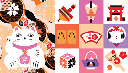 Fototapeta premium Japanese toys. National cultural lucky items, asian fortune symbols, daruma, maneki cat and kokeshi dolls, traditional masks, Fuji, sakura Vector illustration