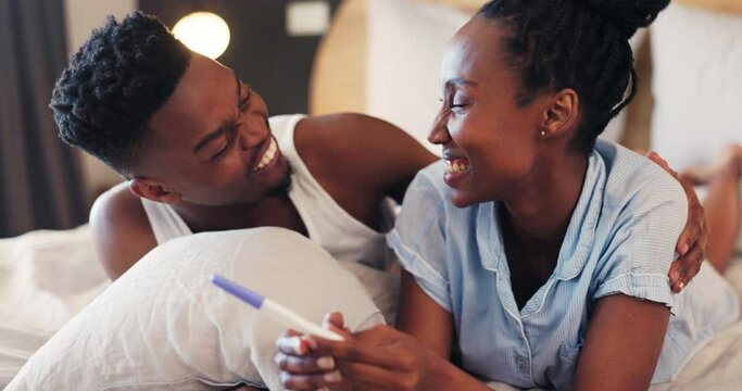 Happy Couple, Embrace And Pregnancy Test With News In Home With Celebration, Together And Love. Black Man, Woman And Married With Smile In Excitement For Positive Result For Future Child In Bedroom