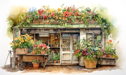 Fototapeta na wymiar a shop watercolor decorated with flowers,Generative AI