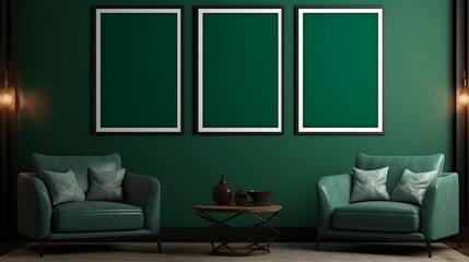 Mock up poster frame in dark green living room interior, ethnic style,