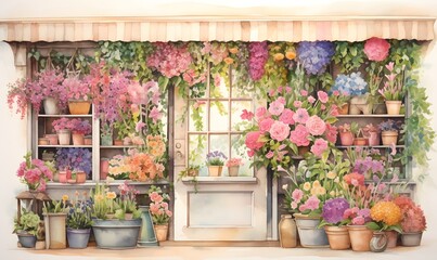 a shop watercolor decorated with flowers,Generative AI