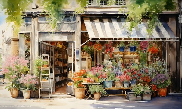 a shop watercolor decorated with flowers,Generative AI