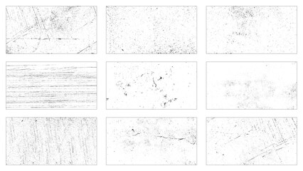 Grunge overlay textures with dust grain isolated on white background. Set of vector paint brush stroke, ink splash and grungy decoration elements for social media. Distressed vintage banner.