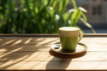 Green japanese matcha latte with hot milk on a green plenty plants background shot from a top view in a studio. Generative AI.