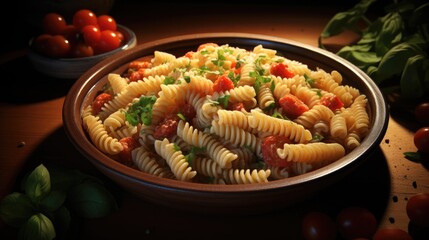 Pasta, Fusilli in red sauce, base of pastel colored wooden strips.