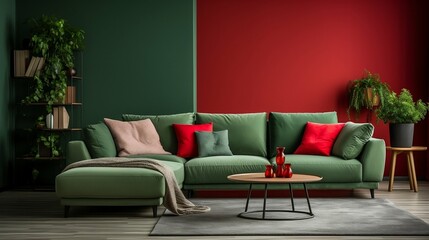 Home interior with red sofa, table and decor in green living room
