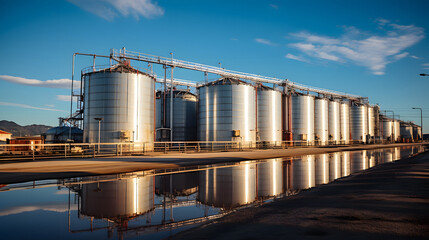Obraz premium Large storage tanks and silos used for storing raw materials in an industrial facility.
