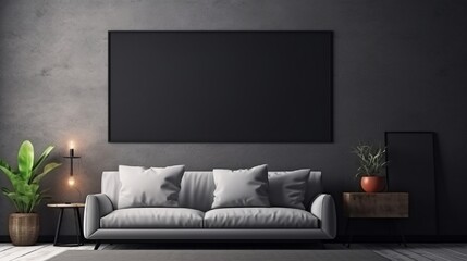 Mockup black poster frame in living room interior on empty dark wall background,