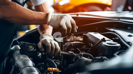 Technician Hands of car mechanic working repair in auto repair Service electric battery and Maintenance of car battery