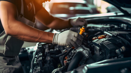 Fototapeta na wymiar Technician Hands of car mechanic working repair in auto repair Service electric battery and Maintenance of car battery