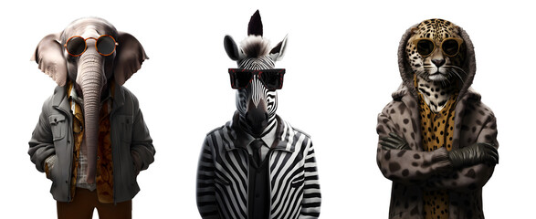 Set of creative animals wearing trendy fashion clothes and color sunglasses, elephant, zebra, cheetah, Posing in studio, Contemporary art idea concept design, isolated on white background