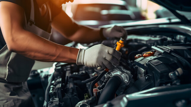 Technician Hands of car mechanic working repair in auto repair Service electric battery and Maintenance of car battery