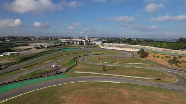 drone view of race track circuit in Brazil Interlagos circuit. cars, people gathered and asphalt