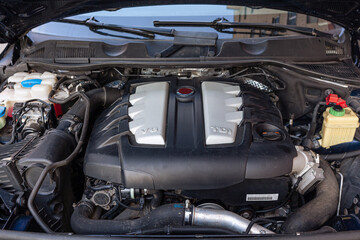 Fototapeta premium Power: Diesel engine compartment. Six-cylinder V6