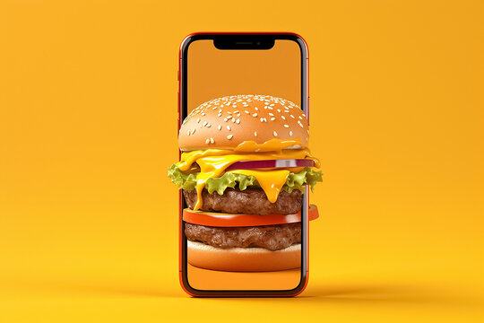The close up image of a delicious fresh double bun cheeseburger on the ketchup sauce on a mobile or cell phone, shot in a studio, with yellow background and dripping sauce. Generative AI.