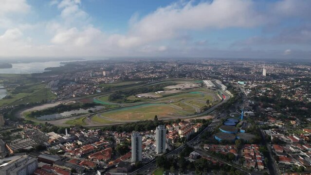 drone view of race track in Brazil Interlagos circuit. cars, people gathered and asphalt