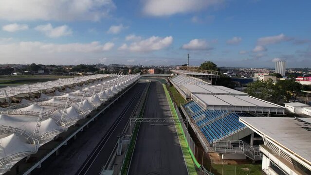 aerial view of race track in Brazil Interlagos circuit. cars, people gathered and asphalt