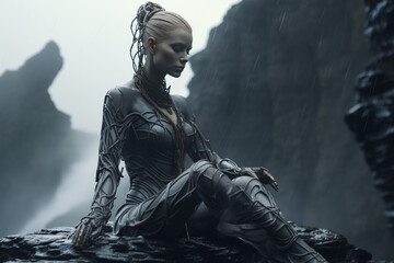 Fototapeta na wymiar Sci-fi, fantasy, states of mind, nature concept. Half woman half robot meditating on rock during rain. Generative AI