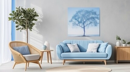 White sofa and blue armchair in living room with posters on the wall
